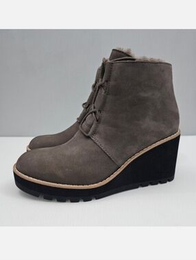 Eileen Fisher Gray Suede Wedge Lace-Up Ankle Boots